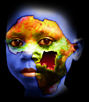 Photo illustration showing the face of a child from the DR Congo with a map of Africa overlaid on their face