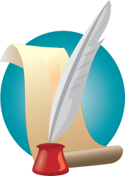 An illustration of a quill pen resting in a red inkwell in front of a sheet of parchment paper on a circular turquoise field