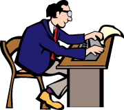 An illustration of a man preparing to type on a manual typewriter