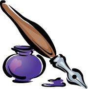 An illustration of a glass inkwell and a vintage fountain pen with a wooden handle. The inkwell is filled with purple ink and has a heart-shaped reflection.