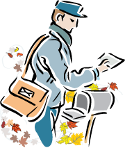 An illustration of a mail carrier holding a letter while standing next to an open mail box. Blowing fall leaves swirl around the mail box and 