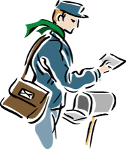 An illustration of a mail carrier holding a letter while standing next to an open mail box while the March winds blow and his scarf flutters in the breeze