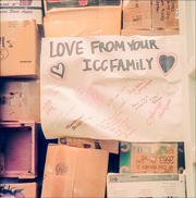 Photo of a large home-made sign taped inside the container with a message for to the children and staff of ICC Congo