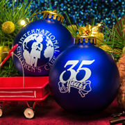 A photo of the 35th anniversary Christmas ornaments with the ICC logo