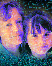 photo illustration of a woman and a young girl within a field of stars