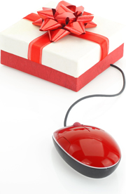 photo illustration of a red and white gift box tied with a red ribbon with a red computer mouse attached by its cable