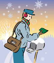 An illustration of a postal carrier wearing a red and green scarf and red ear muffs in addition to his uniform delivering mail during a light, early-morning December snowfall