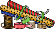 An illustration of rolls of Christmas gift wrap and spools of ribbon