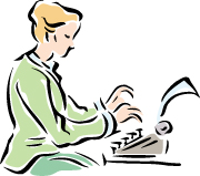 An illustration of a woman typing on a portable manual typewriter