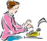 An illustration of a woman typing on a portable manual typewriter